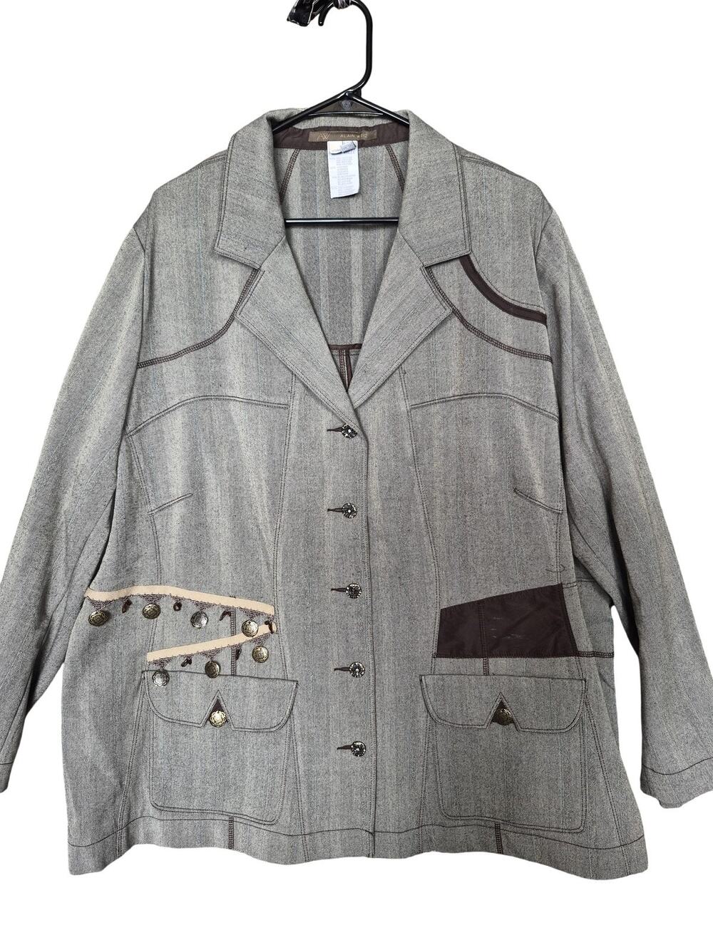 Alain Weiz Blazer Jacket Womens 24 Gray Striped Boho Tassel Pockets Button Front